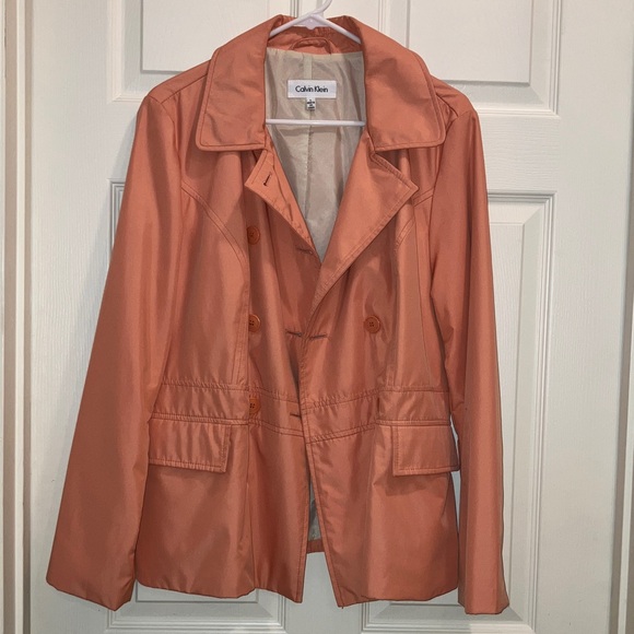 Calvin Klein Coral Double Breasted Lined Trench Rain Jacket Women Large Trench - Picture 2 of 8